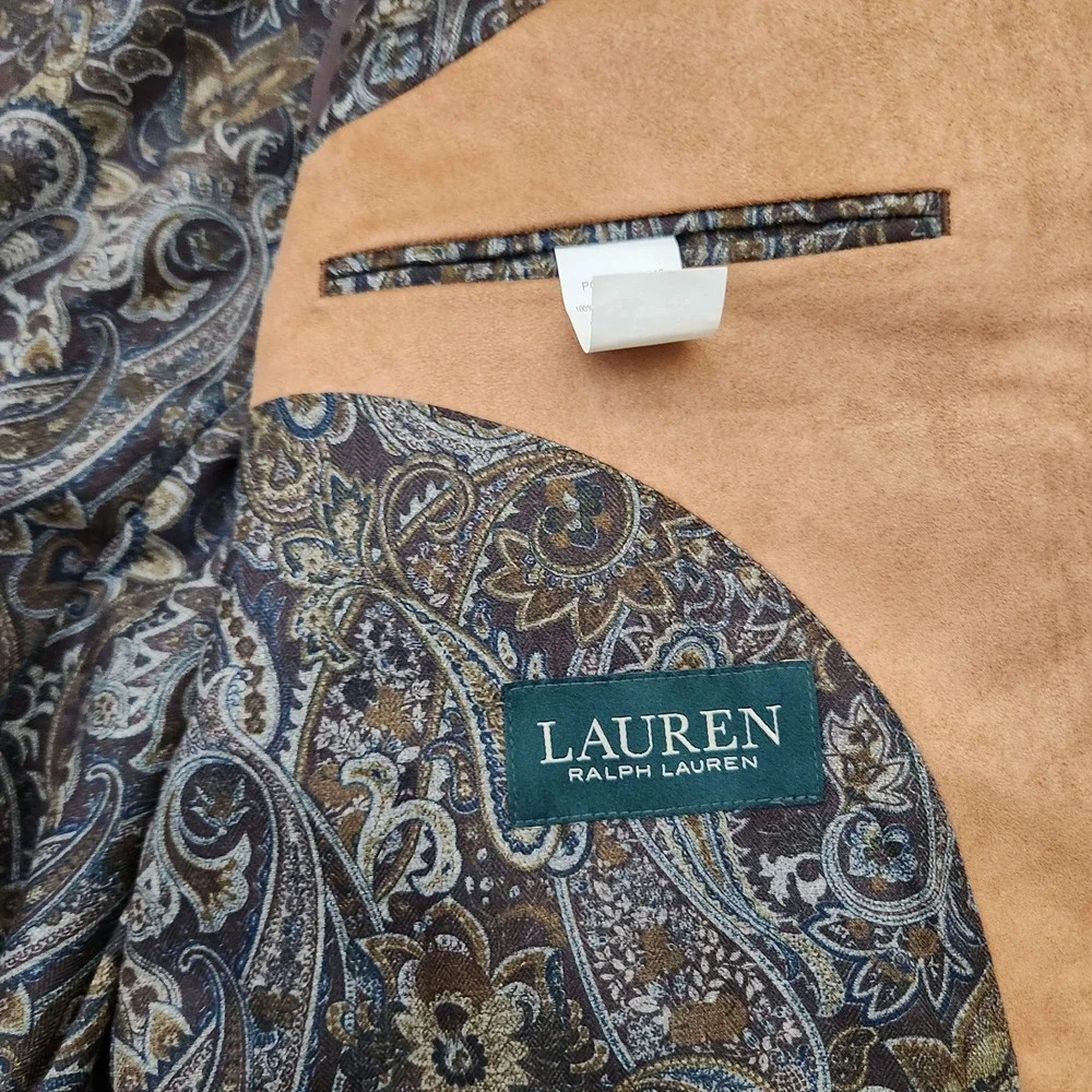 Lauren Ralph Lauren Mens 42R Camel Tan Faux Suede Paisley Lined Blazer Jacket